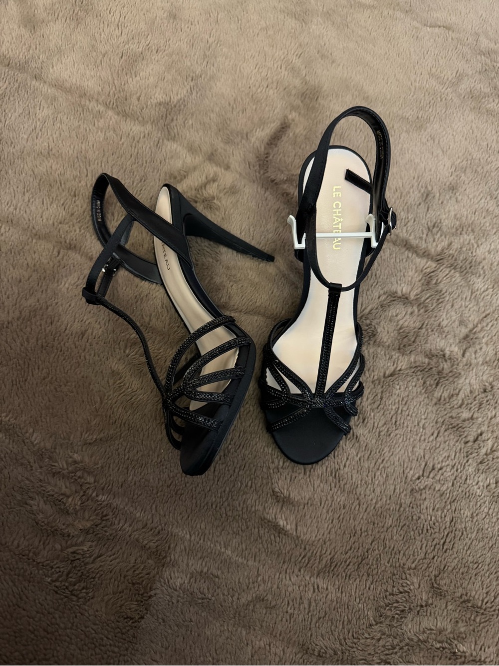 le chateau Brand New Sparkle Crystal Black Strappy T‑Bar Evening Satin Heels - Picture 7 of 15